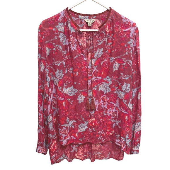 Lucky Brand Tops - Lucky Brand blouse top medium boho pink red blue pullover ties